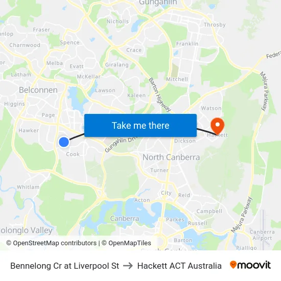 Bennelong Cr at Liverpool St to Hackett ACT Australia map
