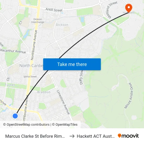 Marcus Clarke St Before Rimmer St to Hackett ACT Australia map