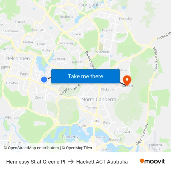 Hennessy St at Greene Pl to Hackett ACT Australia map