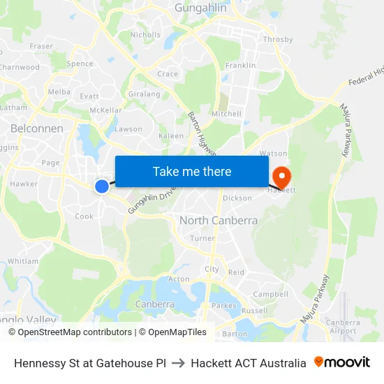 Hennessy St at Gatehouse Pl to Hackett ACT Australia map