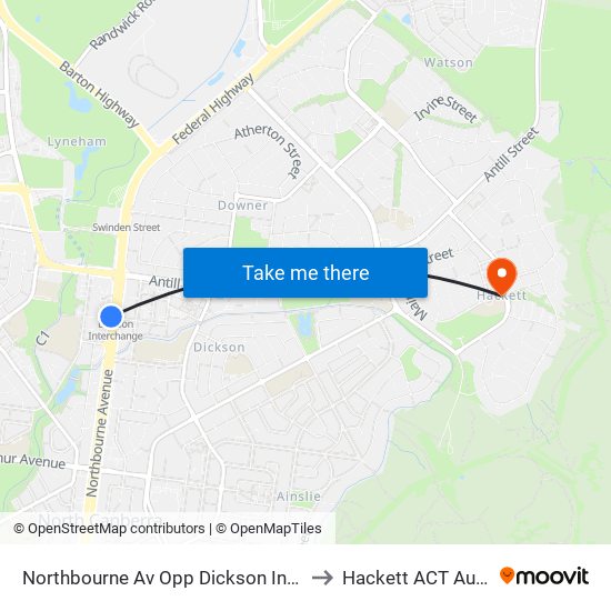 Northbourne Av Opp Dickson Interchange to Hackett ACT Australia map