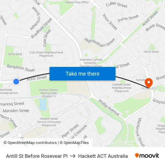 Antill St Before Rosevear Pl to Hackett ACT Australia map