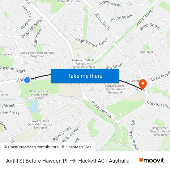 Antill St Before Hawdon Pl to Hackett ACT Australia map