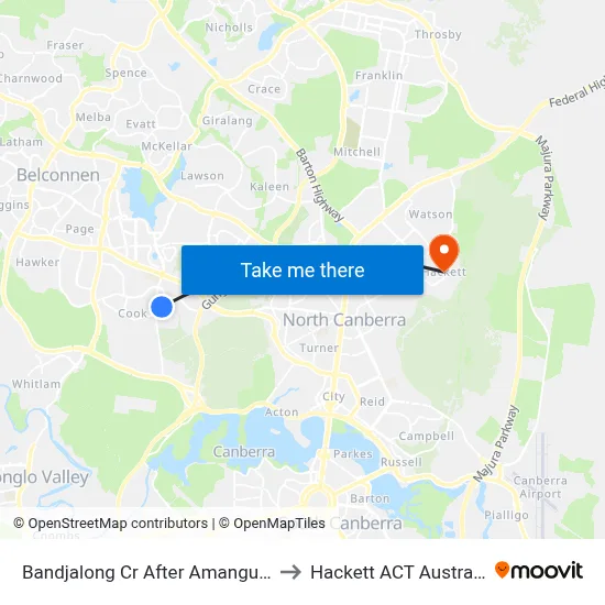 Bandjalong Cr After Amangu St to Hackett ACT Australia map