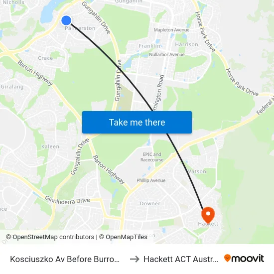 Kosciuszko Av Before Burrowa St to Hackett ACT Australia map