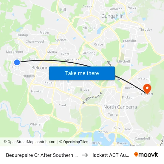 Beaurepaire Cr After Southern Cross Dr to Hackett ACT Australia map