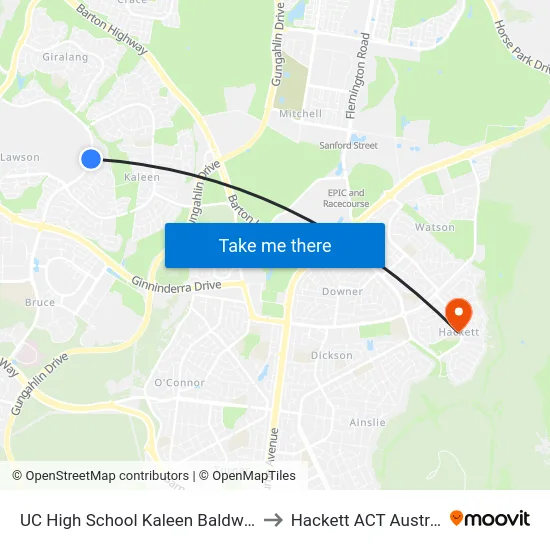 UC High School Kaleen Baldwin Dr to Hackett ACT Australia map
