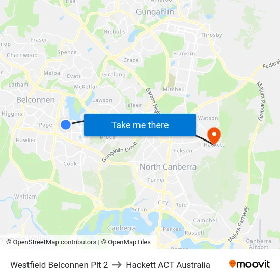 Westfield Belconnen Plt 2 to Hackett ACT Australia map