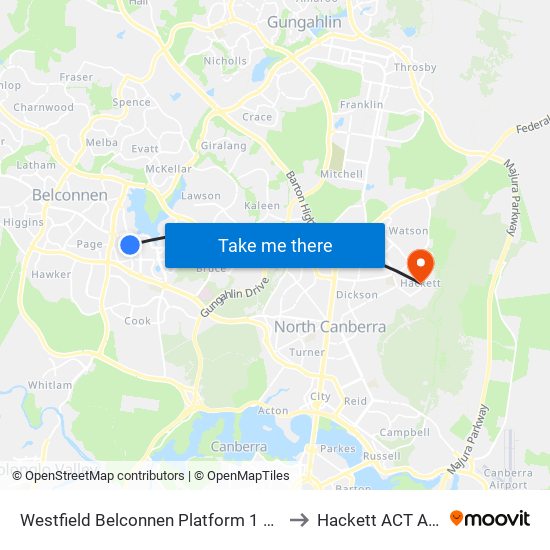 Westfield Belconnen Platform 1 Set Down Only to Hackett ACT Australia map