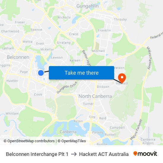 Belconnen Interchange Plt 1 to Hackett ACT Australia map