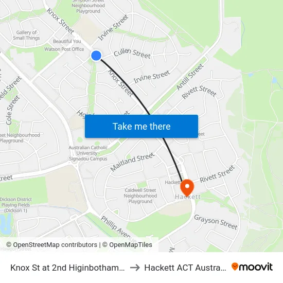 Knox St at 2nd Higinbotham St to Hackett ACT Australia map