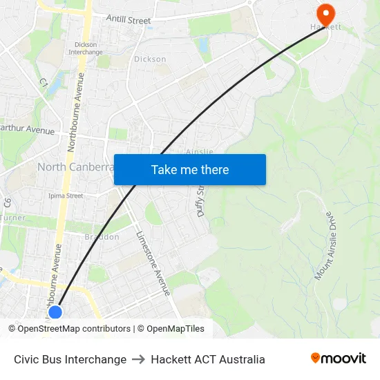 Civic Bus Interchange to Hackett ACT Australia map