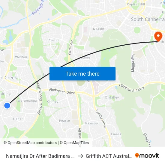 Namatjira Dr After Badimara St to Griffith ACT Australia map