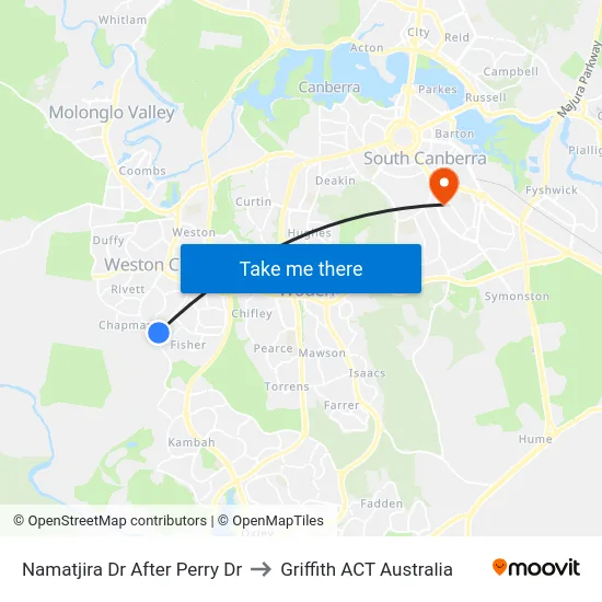 Namatjira Dr After Perry Dr to Griffith ACT Australia map