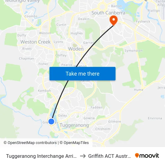 Tuggeranong Interchange Arrivals to Griffith ACT Australia map