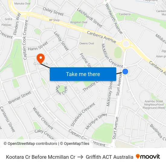 Kootara Cr Before Mcmillan Cr to Griffith ACT Australia map