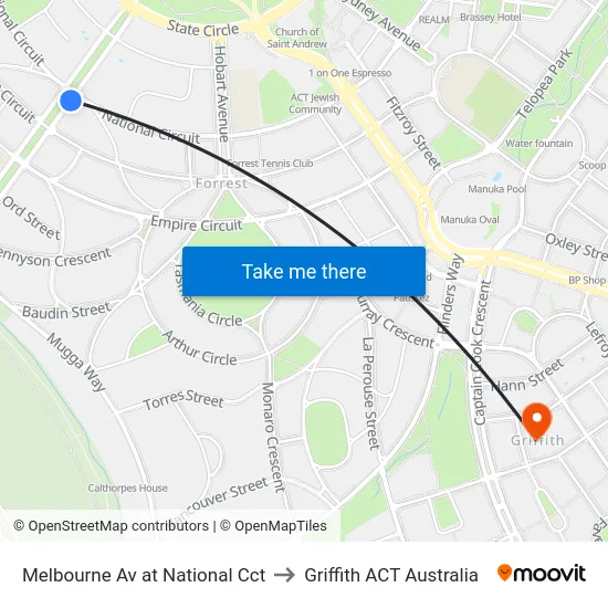 Melbourne Av at National Cct to Griffith ACT Australia map