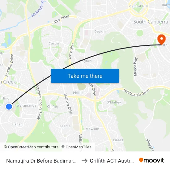 Namatjira Dr Before Badimara St to Griffith ACT Australia map