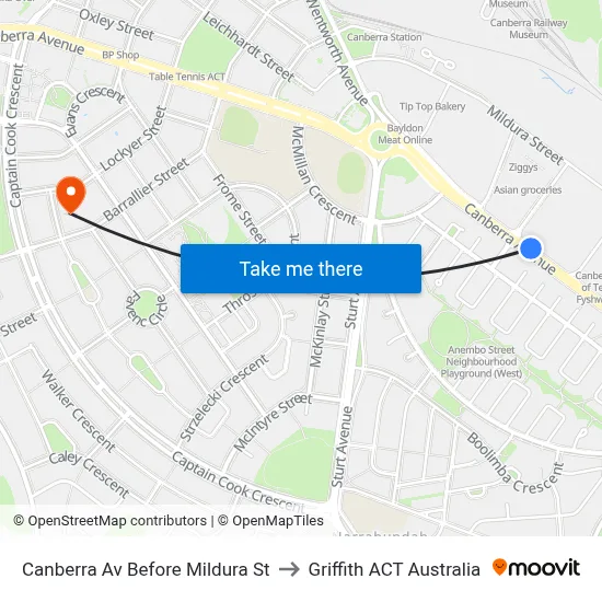 Canberra Av Before Mildura St to Griffith ACT Australia map