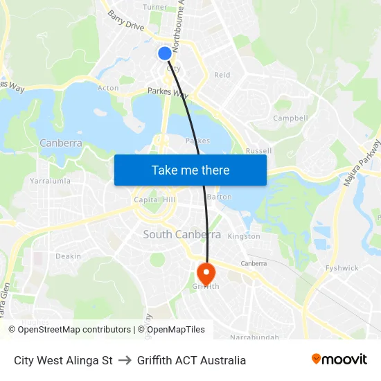City West Alinga St to Griffith ACT Australia map