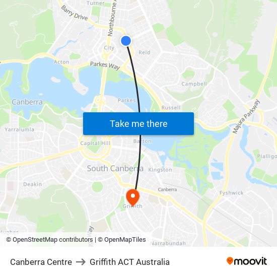 Canberra Centre to Griffith ACT Australia map