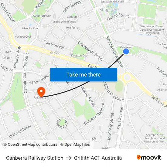Canberra Railway Station to Griffith ACT Australia map