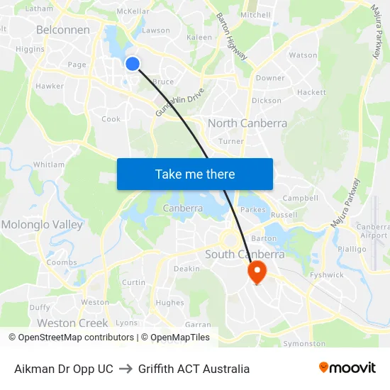 Aikman Dr Opp UC to Griffith ACT Australia map