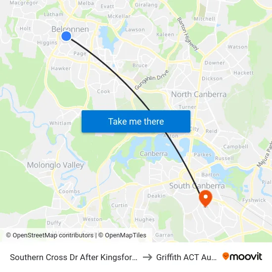 Southern Cross Dr After Kingsford Smith Dr to Griffith ACT Australia map