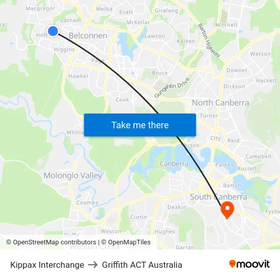 Kippax Interchange to Griffith ACT Australia map