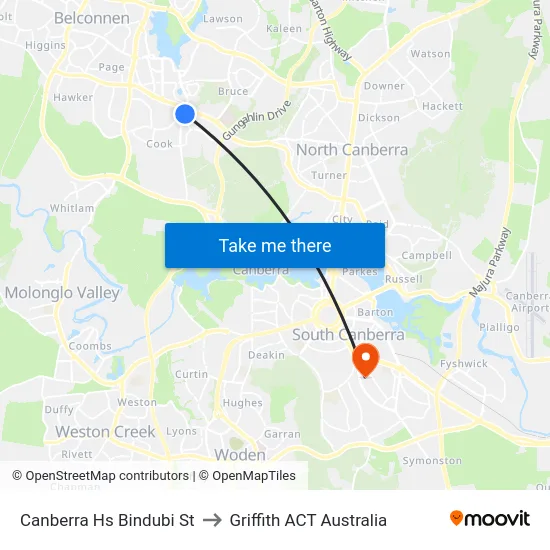 Canberra Hs Bindubi St to Griffith ACT Australia map
