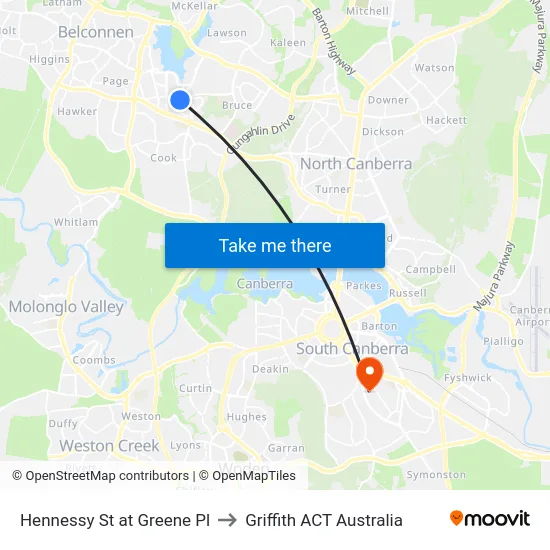 Hennessy St at Greene Pl to Griffith ACT Australia map