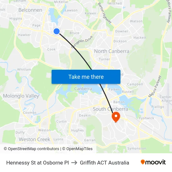 Hennessy St at Osborne Pl to Griffith ACT Australia map