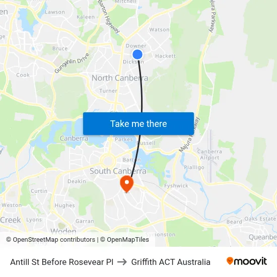 Antill St Before Rosevear Pl to Griffith ACT Australia map