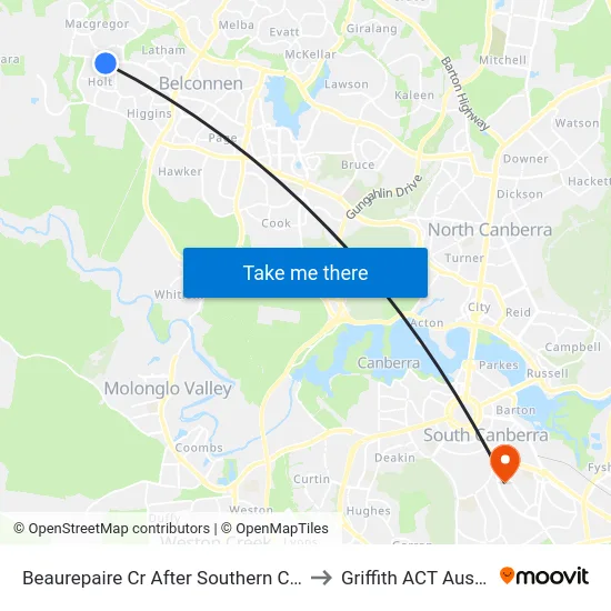 Beaurepaire Cr After Southern Cross Dr to Griffith ACT Australia map