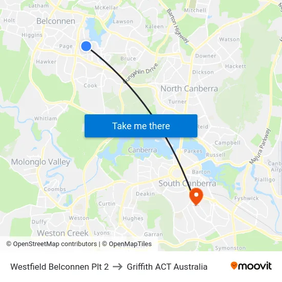 Westfield Belconnen Plt 2 to Griffith ACT Australia map