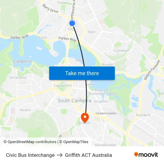 Civic Bus Interchange to Griffith ACT Australia map