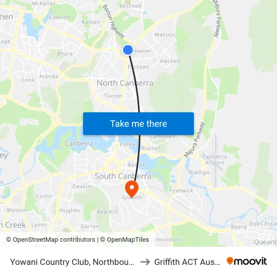 Yowani Country Club, Northbourne Ave to Griffith ACT Australia map