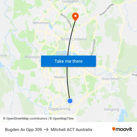 Bugden Av Opp 309 to Mitchell ACT Australia map