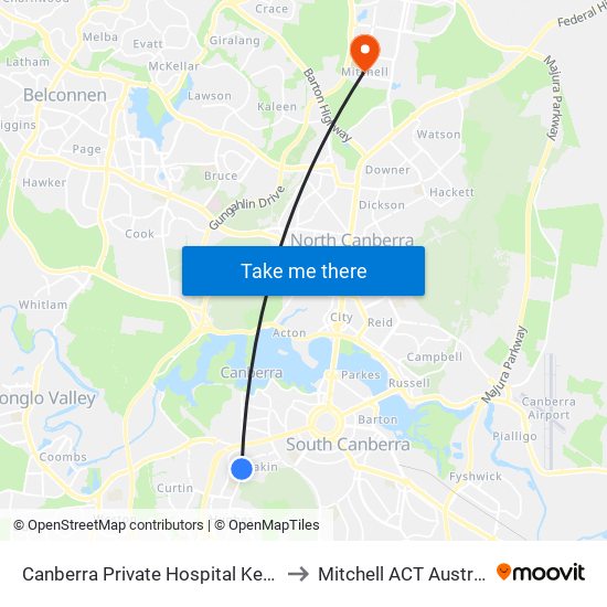 Canberra Private Hospital Kent St to Mitchell ACT Australia map