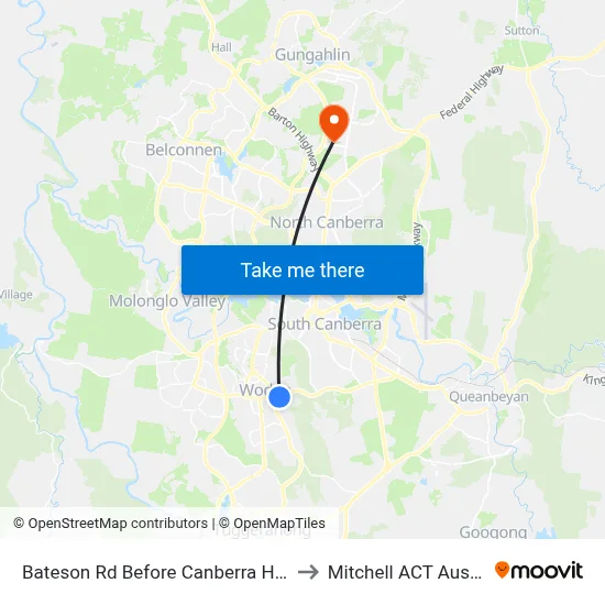 Bateson Rd Before Canberra Hospital to Mitchell ACT Australia map