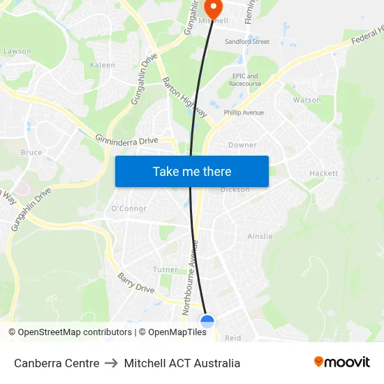 Canberra Centre to Mitchell ACT Australia map
