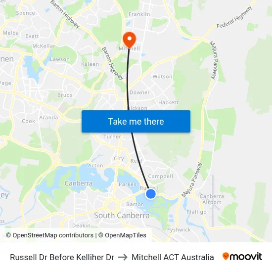 Russell Dr Before Kelliher Dr to Mitchell ACT Australia map