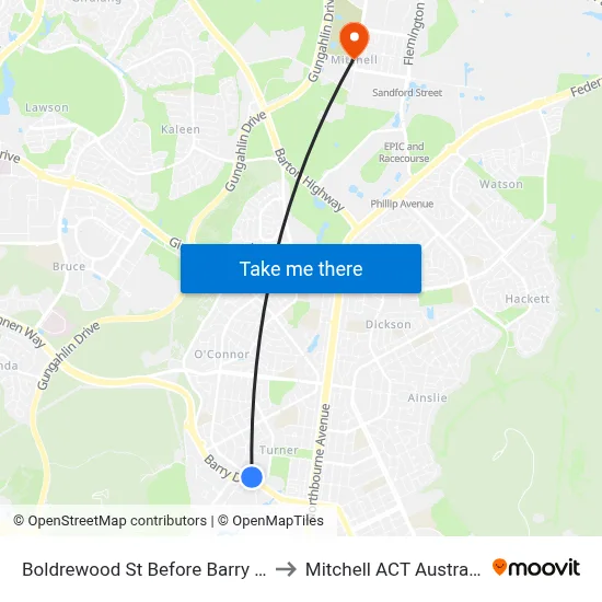 Boldrewood St Before Barry Dr to Mitchell ACT Australia map