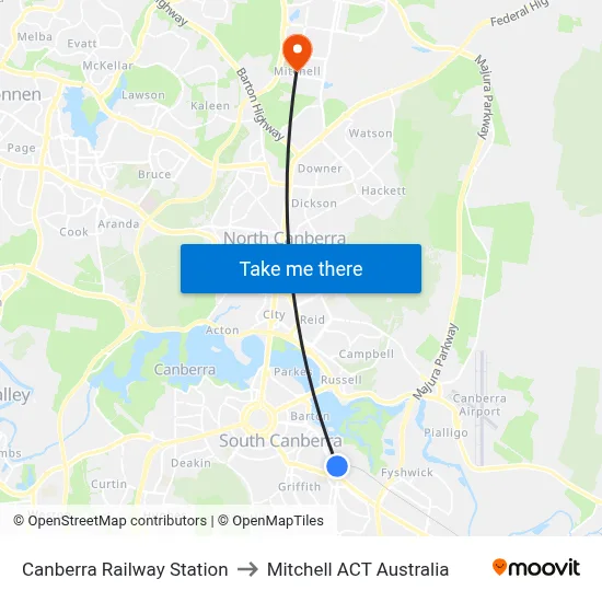 Canberra Railway Station to Mitchell ACT Australia map