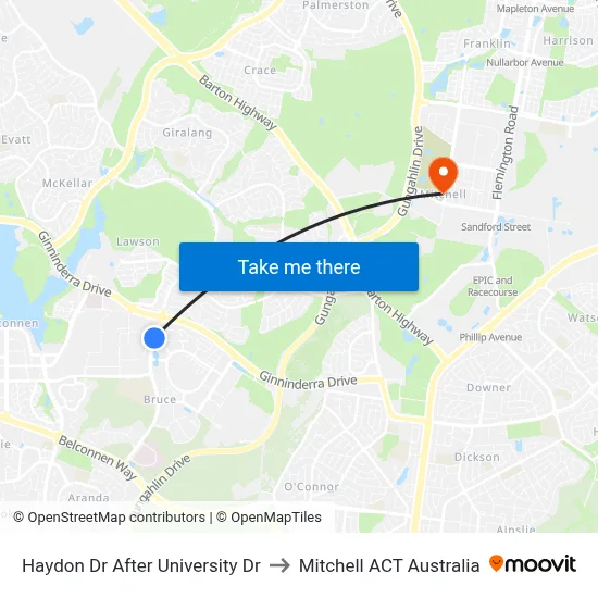 Haydon Dr After University Dr to Mitchell ACT Australia map