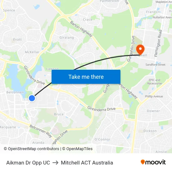 Aikman Dr Opp UC to Mitchell ACT Australia map