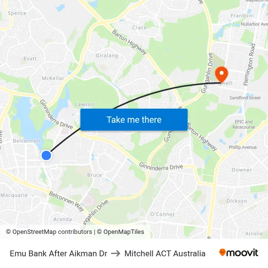 Emu Bank After Aikman Dr to Mitchell ACT Australia map