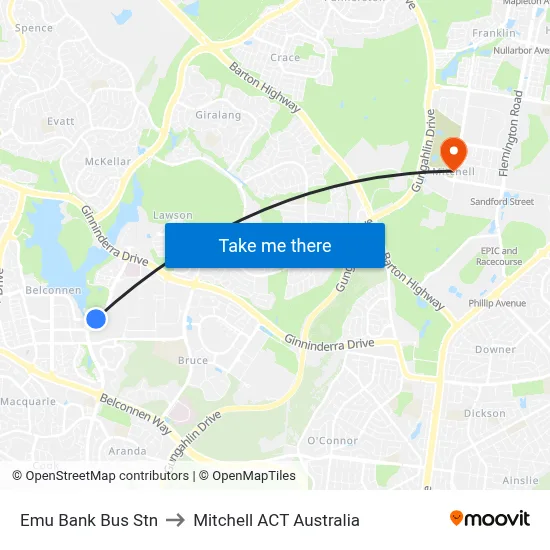 Emu Bank Bus Stn to Mitchell ACT Australia map