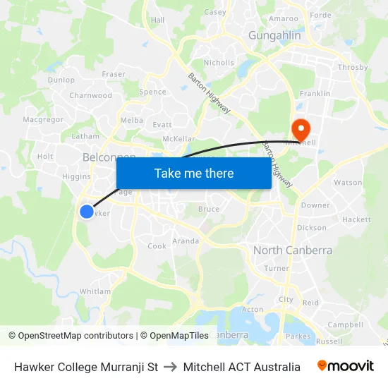 Hawker College Murranji St to Mitchell ACT Australia map