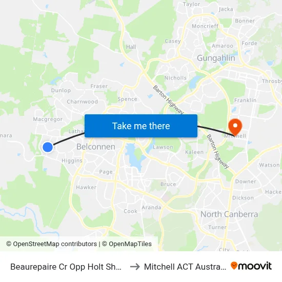 Beaurepaire Cr Opp Holt Shops to Mitchell ACT Australia map